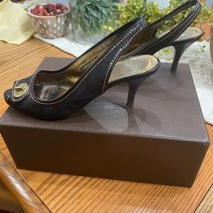 Women's Authentic Coach Diane Slingback Open Toe Heels. Khaki & Espresso Brown